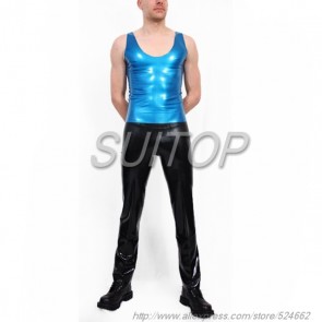 Suitop fashion men's rubber latex round neck tight vest in metallic blue color