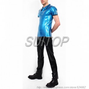 Suitop high quality men's rubber latex short sleeve polo t-shirt in metallic blue color