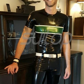 Suitop high quality men's rubber latex short sleeve tight round neck t-shirt in black color