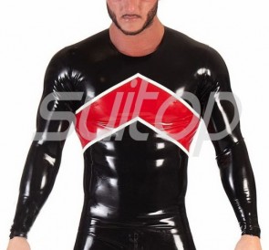Suitop men's rubber latex long sleeve tight round neck t-shirt in black color