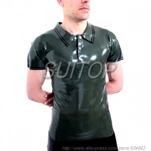 Suitop fashion men's rubber latex short sleeve tight polo t-shirt in dark green color