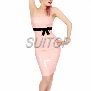 Sexy party rubber latex tube top dress with bowknot in light pink color for lady
