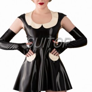Sexy party rubber latex sleeveless mini dress with long gloves in black color for lady