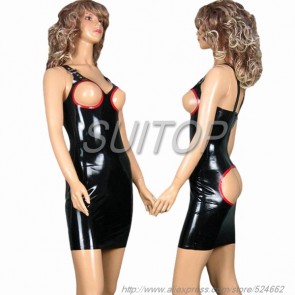 Sexy rubber latex erotic strap dress with open bra and ass in black color for female