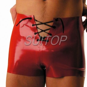 Suitop sexy rubber latex men's male's shorts with front lacing in red color
