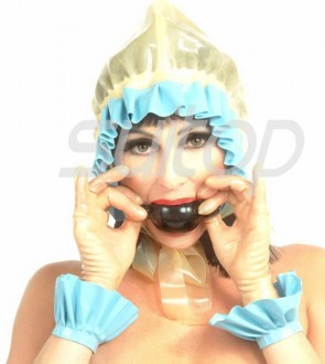 Suitop rubber latex hood cap with silk ribbon in blue trim main in transparent color for women