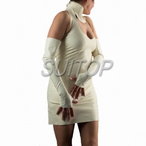 Sexy party rubber latex halter mini dress with long gloves in white color for women