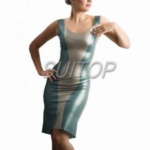 Sexy party rubber latex vest tight dress with back zipper in gray & blue color for lady
