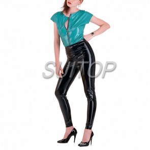 Suitop casual rubber latex sky blue t-shirt with front zip and black legging for women