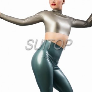 Suitop popular rubber latex women's female's tight tops with high neck in metallic silver color
