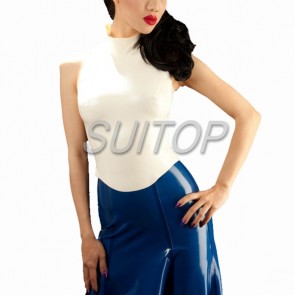 Sexy casual rubber latex high neck sleeveless dress in white & blue color for lady