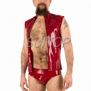 Men's latex uniforms including sleevless waistcoat and briefs in dark red 