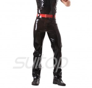 Men's latex Trousers rubber jeans in main black with red belt