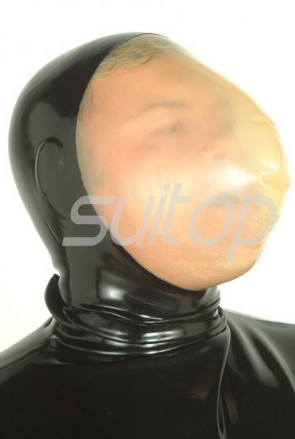Breathless full head rubber latex hood masks with neck(open one hole only)attached back zip in black color for adults