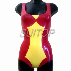 Suitop sexy women's rubber latex body leotard in red & yellow color