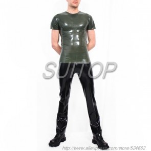 Suitop men's rubber latex short sleeve tight T-shirt with round neck in dark green color
