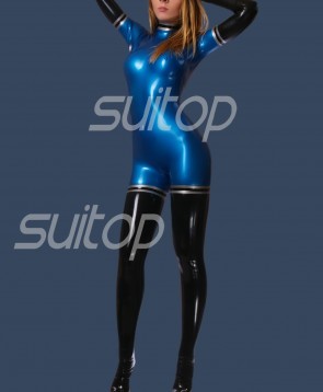 Hot selling rubber latex classical catsuit in metalli blue and silver trim for women