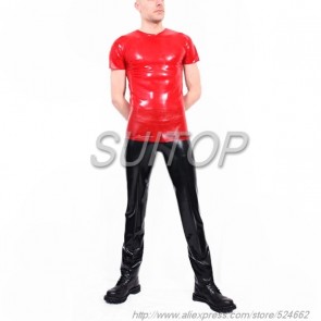 Suitop men's rubber latex short sleeve t-shirt with round neck in transparent red color