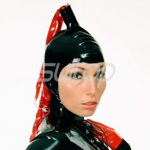 Suitop hot selling rubber hoods latex masks with red latex hairs in black color