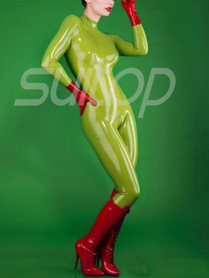 Suitop hot selling 3d clipping natural rubber latex catsuit in olive green color for women