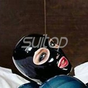 Suitop sexy rubber hoods latex masks with white trim open eyes,nose and mouth main in black color