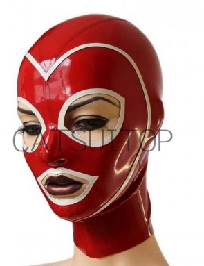 CATSUITOP latex hood masks in red and white trim