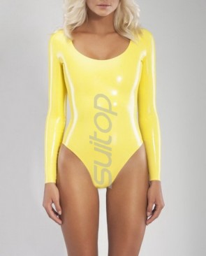 Women's latex catsuit shiny yellow  leotard long sleeve neck entry latex bodysuit plus size CATSUITOP 