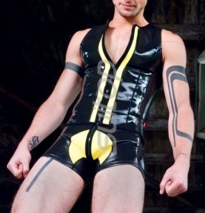 Novelty men's latex suit including tight vest and shorts in black with yellow trim colors CATSUITOP 