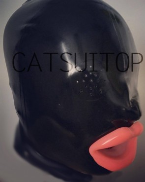 CATSUITOP latex hood masks with neck holes eyes and soft silicone lips mouth plugs