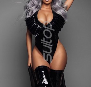 Women's sexy ow bust latex bodysuit with ruffles decoration and attached front zip CATSUITOP 