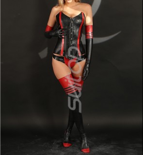 Women's 0.6mm thickness natural black latex corset including metal buttons and with red stripes decorations CATSUITOP 