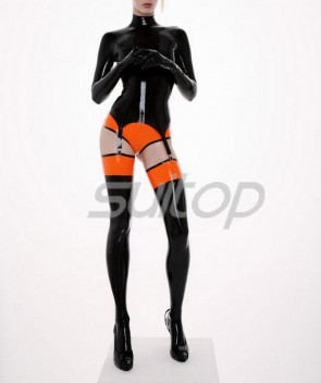 Women's catsuit strapped black mini dress including orange briefs and black long stockings  CATSUITOP 
