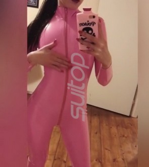 Women's catsuit  latex sexy pink latex catsuit with front zip decoration  CATSUITOP 