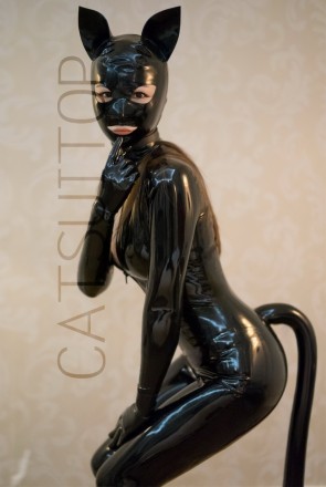 New female's latex catsuit with tail inflatable with front zip 