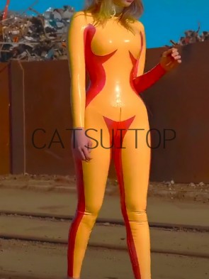 Women's latex catsuit with back zip to navel in yellow and red color CATSUITOP 