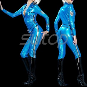 Suitop high quality women's rubber latex catsuit and military uniform with front zip to crotch in metallic blue