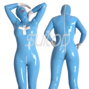 Suitop women's full cover rubber latex nurse uniform catsuit with mask and gloves attached back zip in sky blue color