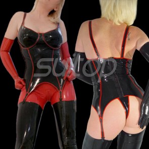 Suitop sexy women's rubber latex tight ultra short dress with straps main in black with red trim color