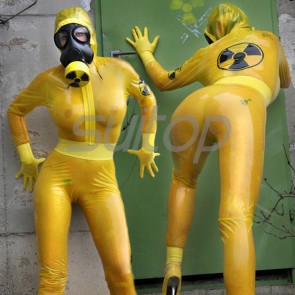Suitop fashional women's rubber latex catsuit attached cap with front zipper in transparent yellow color