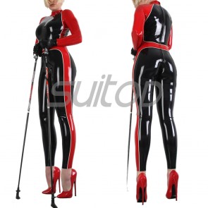 Suitop super quality women's rubber latex classical catsuit with back zipper main in black with red trim color