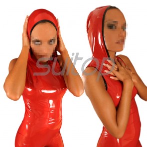 Suitop pure handmade women's rubber latex sleeveless catsuit with cap in red color