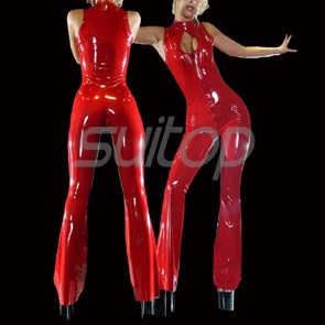 Suitop fashional women's rubber latex sleeveless catsuit with open bust in red color