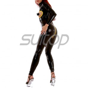Suitop women's rubber latex long sleeve catsuit with open bust and attached crotch zipper in black color