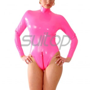 Suitop sexy women's rubber latex body & leotard with back red zipper to crotch in pink color