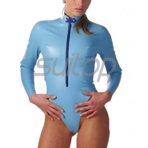 Suitop super quality women's rubber latex body & leotard with front zipper in sky blue color