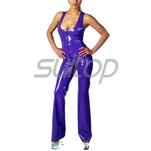 Suitop fashional women's rubber latex sleeveless catsuit with front zipper in purple color
