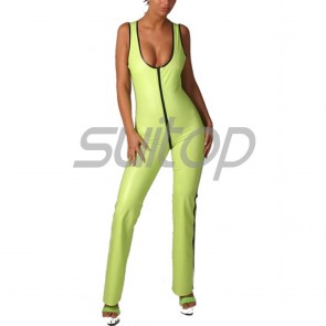 Suitop women's rubber latex sleeveless open bust catsuit with front zipper in light green with black trim color