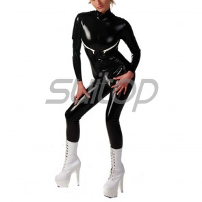 Suitop women's rubber latex classical catsuit with back white zip in black color