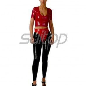 Suitop women's rubber latex whole set including red tight t-shirt and black pants with back lace up