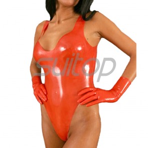 Suitop new arrival women's rubber latex body & leotard with finger gloves in red color